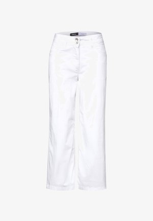 Hvide bomuldsbukser med lige ben, som har en frontlukning med knap og sidelommer. Glat tekstur, uden pynt.