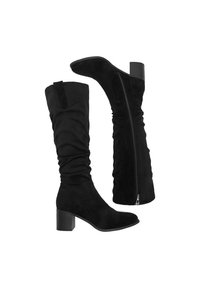 Čierne semišové čižmy nad kolená s voľným dizajnom, okrúhlym špičkou a blokovým podpätkom; obsahujú bočný zips a textúrovaný povrch.