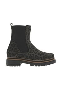 Bottines à imprimé léopard noir avec panneaux latéraux élastiques, semelle plate et dessus texturé. Présente une semelle intermédiaire et un talon beige contrastants.