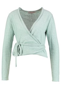 Jasnozielony sweter zapinany na węzeł, wykonany z miękkiego materiału, z długimi rękawami i wiązaniem w talii. Posiada dekolt w serek i luźny krój.