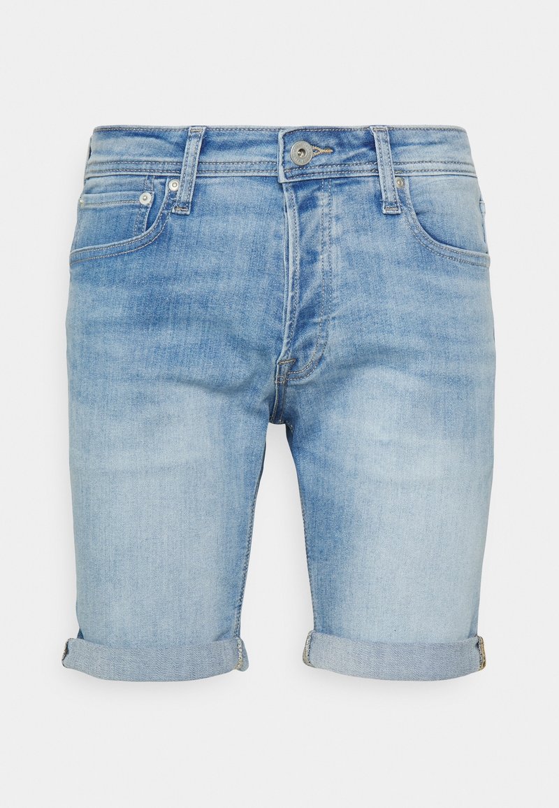 Light blue denim shorts with rolled cuffs, featuring a five-pocket design and a metal button closure, showcasing a faded wash.