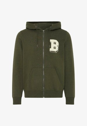 Zip-up hoodie in olive green, featuring a front pocket, drawstring hood, and a white letter "B" embroidered on the chest. Soft fabric.