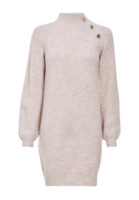 Abito in maglia color beige chiaro con colletto alto, maniche lunghe a palloncino e bottoni laterali. Presenta un motivo testurizzato su tutta la superficie.