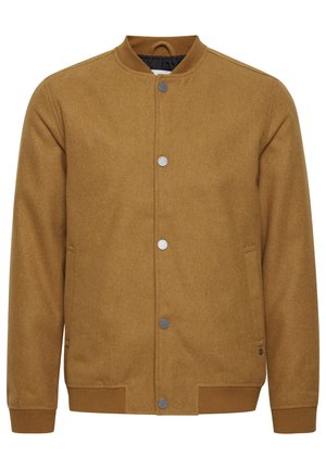 Rjava bomberska jakna iz teksturirane tkanine, ki ima rebrast ovratnik, pritisne gumbe in dva stranska žepa. Preprost, enobarven dizajn.