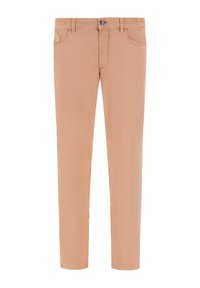 Pantaloni color beige chiaro realizzati in tessuto morbido, con zip e chiusura a bottone, dotati di tasche laterali e dettagli cuciti sulle cuciture.