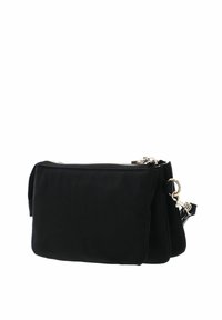 Sac bandoulière rectangulaire noir avec fermeture éclair argentée et bandoulière détachable, fabriqué en tissu lisse.