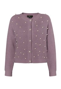 Lavender gebreide cardigan met een textuurpatroon en verspreide witte parelaccenten. Heeft een ronde halslijn en een knoopsluiting aan de voorkant.