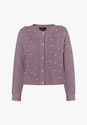 Lila pletena jopica z teksturiranim vzorcem in razpršenimi belimi bisernimi detajli. Ima okroglo ovratnico in sprednje zapiranje z gumbi.