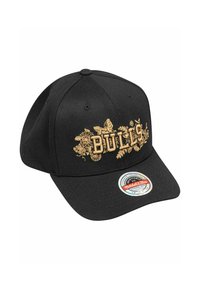 Gorra negra con una corona estructurada, visera curva y texto "BULLS" bordado en dorado rodeado de acentos florales. Presenta un parche de logo en el lado.