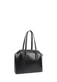 Zwarte handtas van krokodillenpatentleer met een ronde vorm, dubbele handvatten en ritssluiting, met een gestructureerd, glanzend oppervlak.