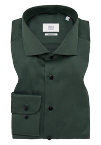 Groene, gestructureerde katoenen overhemd, moderne pasvorm, met een standaardkraag, zwarte knopen en een dubbele knoopmanchet met een zak.