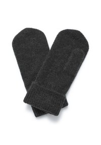Guantes de lana gris oscuro con una textura suave, puntas redondeadas y puños acanalados, diseñados para brindar calor y comodidad.