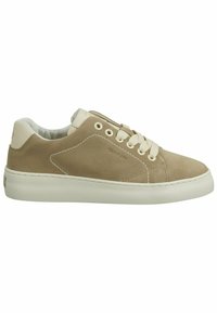 Beige suede sneaker with a rounded toe, cream laces, and subtle stitching. Features a white rubber sole and a small logo detail on the heel.