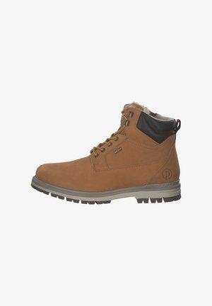 Braune Leder-Ankle-Boots mit einem weichen Innenfutter, schwarzen Akzenten, Metallösen und einer strukturierten Gummisohle.