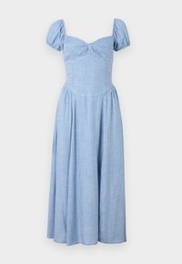 Blå rutigt midi-klänning med puffärmar, figurnära bodice och utsvängd kjol. Lättviktig tyg med slät textur och samlad detaljering.