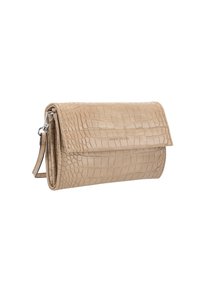 Beige portemonnee van nepleer met krokodillenpatroon, overslagklep en afneembare band. Voorzien van een logo reliëf aan de voorkant.