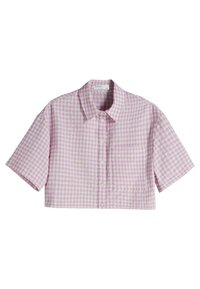 Kortärmad, beskuren skjorta i ljusrosa och vit rutig mönster, med standardkrage och framknäppning.