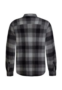 Zwart en grijs geruite flanellen shirt, lange mouwen, geknoopte manchetten, zachte textuur, klassieke kraag, achterste schouderpas en een gebogen zoom.