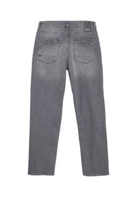 Szare dżinsy o prostym kroju nogawki, z dwiema tylnymi kieszeniami i markowym paskiem. Tkanina ma gładką teksturę z delikatnym wyblaknięciem.