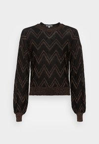 Maglione nero con motivo a zigzag in bronzo metallico, scollo a girocollo, maniche lunghe a palloncino e orlo a coste per un look aderente.