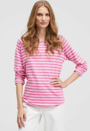 Langärmliges Oberteil in pink und hellpink mit horizontalen Streifen. Hergestellt aus weichem Stoff mit lockerem Schnitt und aufgeschlagenen Bündchen.