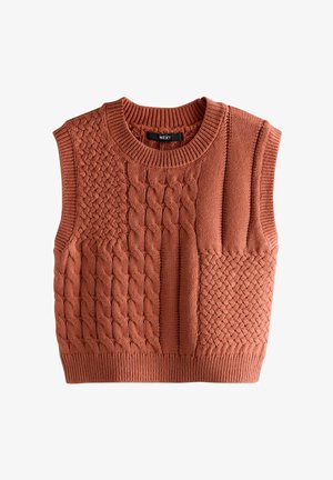 Varrukata kudumata kampsun põletatud oranžis toonis, reljeefsete palmiku mustrite ja soonikkoes detailidega. Ümar kaelus ja lühendatud lõige.