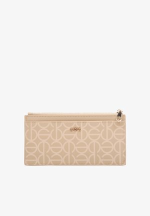 Beige wallet with embossed circular pattern, featuring a zippered closure and a gold-tone logo accent. Smooth texture with rectangular shape.