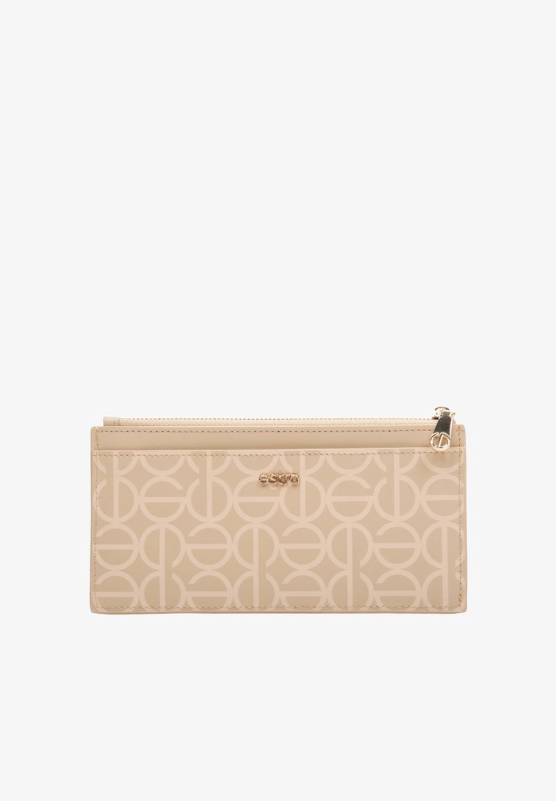 Beige wallet with embossed circular pattern, featuring a zippered closure and a gold-tone logo accent. Smooth texture with rectangular shape.