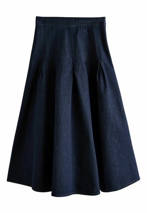 Marineblauer Denim-A-Linien-Rock mit Falten, der eine taillierte Taille und eine ausgestellte Silhouette aufweist. Glatte Textur mit einem Saum, der knapp unter dem Knie endet.