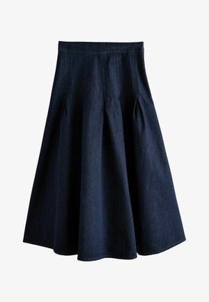 Jūros tamsumo džinsinis A formos sijonas su raukiniais, pasižymintis prigludusia juosmena ir išsiplėtusia siluetu. Lygus paviršius, su apačia, kuri krenta šiek tiek žemiau kelių.