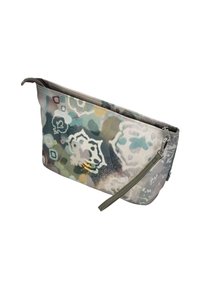 Pochette en tissu r éutilisable avec une fermeture éclair, arborant un motif abstrait multicolore dans des teintes de vert, gris et jaune.