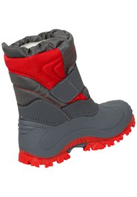 Graue und rote Schneestiefel mit gepolstertem Kragen, Gummisohle und Klettverschluss. Verfügt über strukturierte Materialien und ein robustes Profildesign.