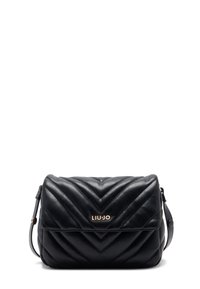 Borsa a tracolla nera in pelle trapuntata con chiusura a pattina e logo dorato "LIU JO" sulla parte anteriore, tracolla regolabile ai lati.