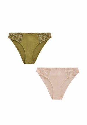 Twee dames bikini-onderbroeken met kanten rand, één olijfgroen en één beige, getoond op een witte achtergrond.