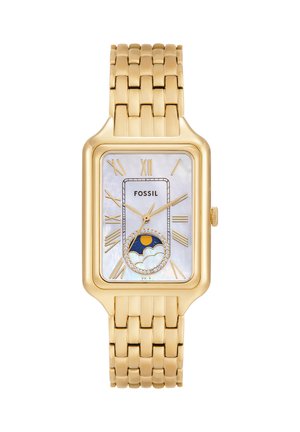 Montre rectangulaire Fossil ton or avec chiffres romains, cadran en nacre, détail soleil et nuage, et bracelet métallique à maillons.