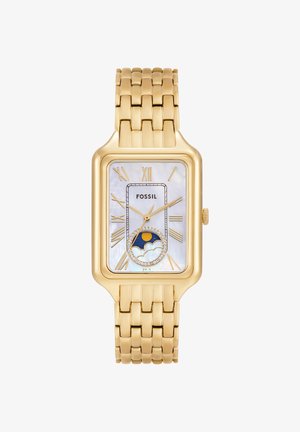 Montre rectangulaire Fossil ton or avec chiffres romains, cadran en nacre, détail soleil et nuage, et bracelet métallique à maillons.
