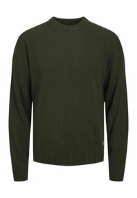 Pull en maille vert foncé à manches longues avec col rond, poignets et ourlet côtelés, présenté sur fond blanc.
