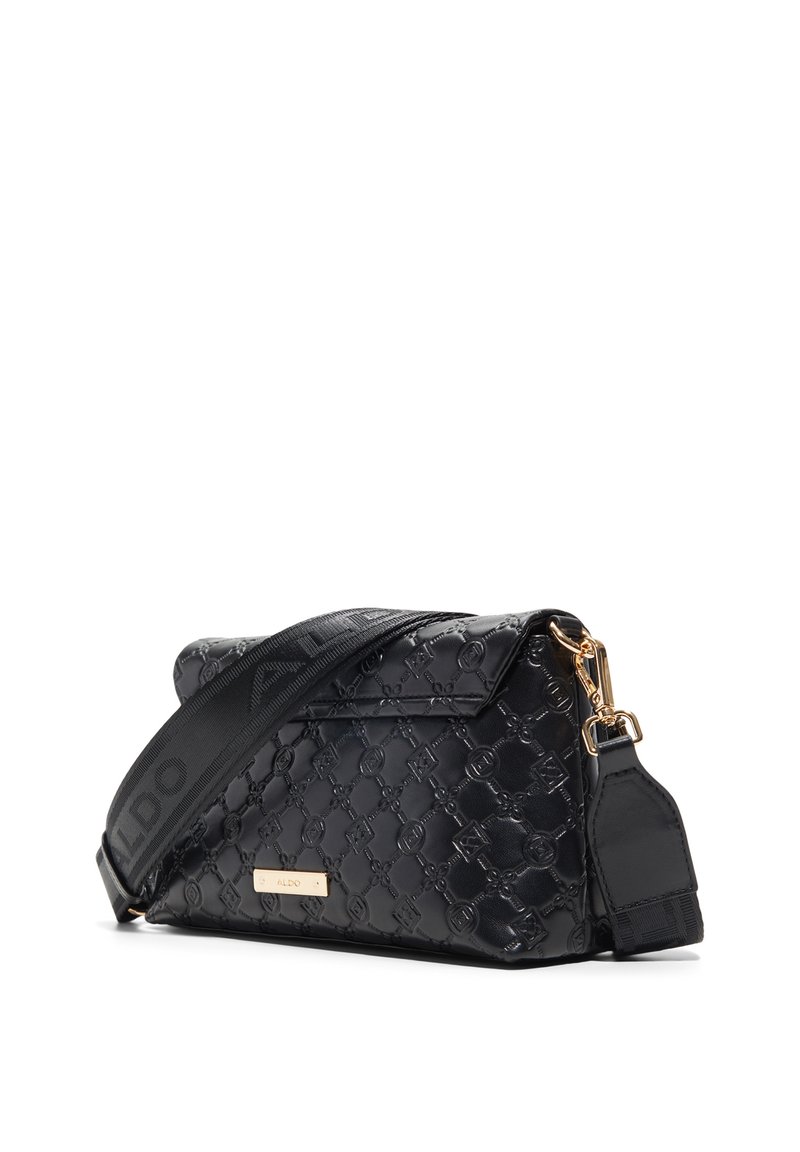 Sac à main synthétique noir avec finitions brillantes, quincaillerie dorée et bandoulière amovible arborant un logo en relief. Forme rectangulaire et design texturé.