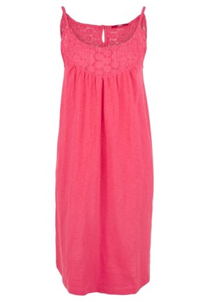 Różowa sukienka bez rękawów z koronkowym gorsetem, ściągniętym w talii, i detalem w postaci dziurki na guziki z tyłu. Lekki materiał o gładkiej fakturze.