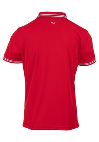Rode polo-shirt gemaakt van gladde stof met een klassieke kraag. Kenmerkt zich door witte en marineblauwe gestreepte accenten op de kraag en de mouwen. Achteraanzicht weergegeven.