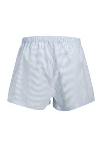 Light blue and white vertical striped cotton boxer shorts with elastic waistband, shown flat against a white background.