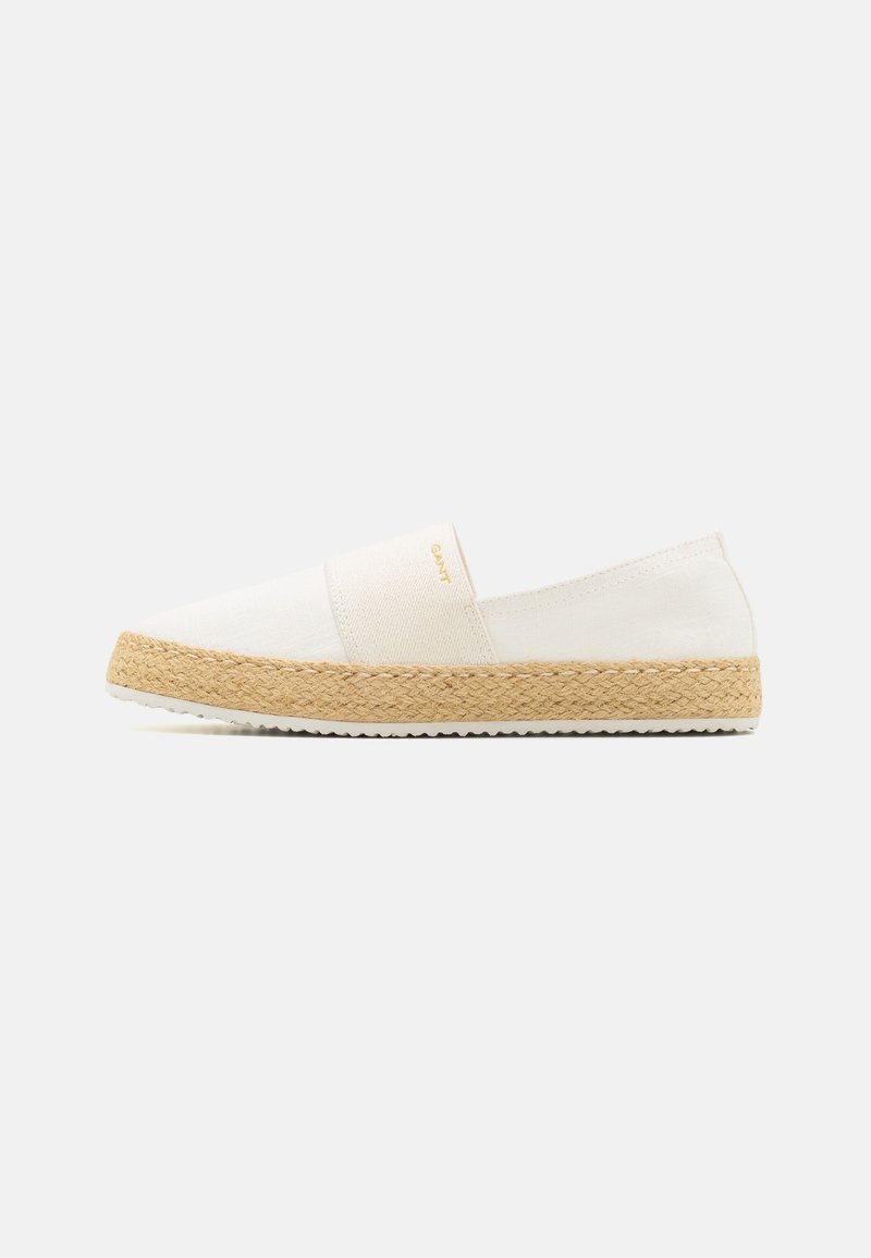 Espadrille blanche sans lacets avec semelle en jute tissée et bande élastique sur le dessus, sur un fond clair uni.