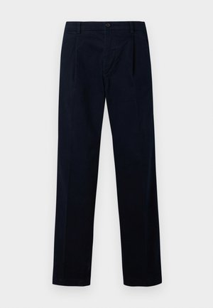 Pantaloni bleumarin dintr-un material texturat, cu front plat, două pliuri și închidere cu nasture, având un design cu picior drept.