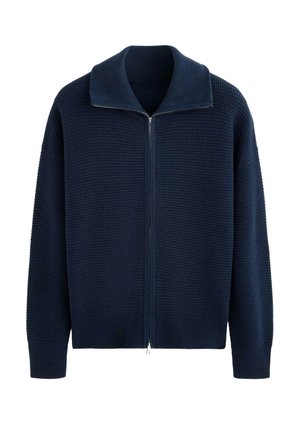 Pulover bleumarin tricotat cu fermoar, guler larg și mâneci lungi, având un model texturat tip vafe.