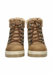 Botas de cuero marrón hasta el tobillo con un cuello de pelo sintético, punta redonda, ojales de metal y cordones marrones. Suelas gruesas de color beige texturizadas para mayor agarre.