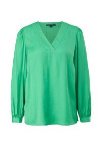 Blouse verte vif à manches longues avec encolure en V, poignets froncés et épaules légèrement bouffantes, présentée sur un fond blanc uni.