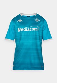 Himmelblaues Sporttrikot aus synthetischem Material, mit einem strukturierten Farbverlauf, kurzen Ärmeln, weißen Akzenten und einem "Mediacom"-Logo.