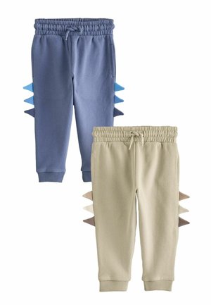 To børnebukser med elastisk talje og snore, en blå med blå og marineblå pigge, og en beige med beige og brune pigge.