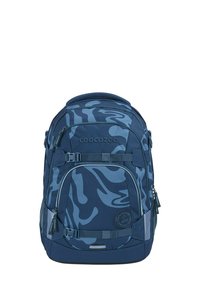 Blue camouflage backpack featuring multiple compartments, adjustable straps, and a padded back for comfort. Durable fabric with smooth texture.