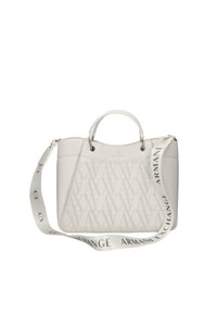 Borsa tote bianca con motivo a logo embossato, doppi manici superiori e tracolla regolabile con la scritta "ARMANI EXCHANGE". Texture liscia.